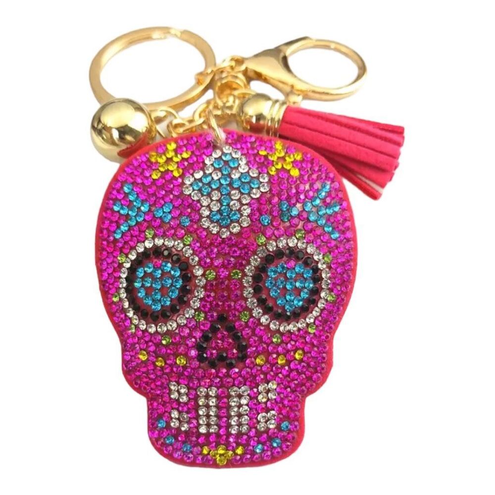 New Womens Boutique Day of the Dead Sugar Skull 3D Tassel Bling Keychain
